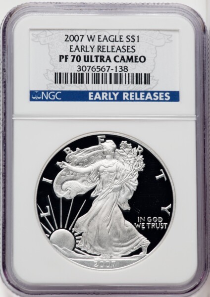 2007-W S$1 Silver Eagle, First Strike, DC ER Blue 70 NGC