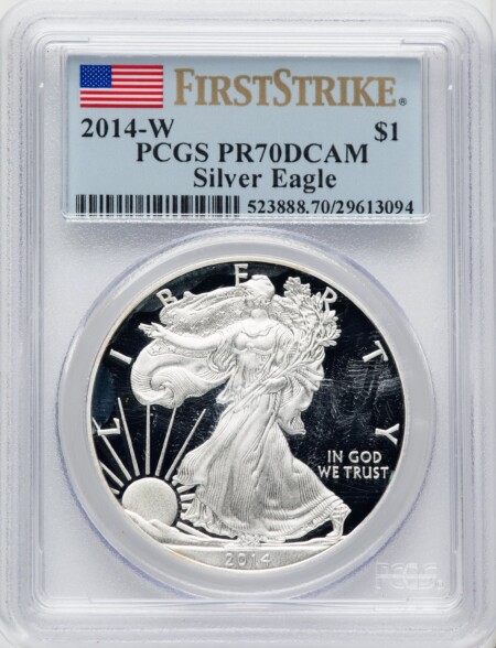 2014-W S$1 Silver Eagle, First Strike, DC 70 PCGS