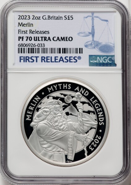 Charles III silver Proof “Merlin” 5 Pounds (2 oz) 2023 PR70  Ultra Cameo NGC, 70 NGC