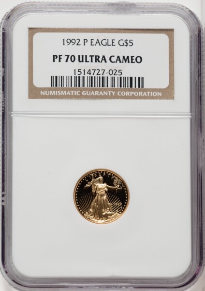 1992-P $5 Tenth-Ounce Gold Eagle, DC Brown Label 70 NGC