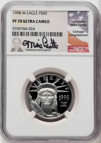 1998-W $50 Half-Ounce Platinum Eagle, PR, DC Mike Castle 70 NGC