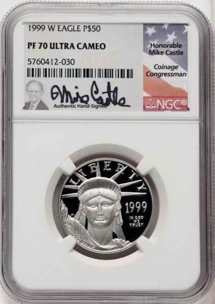 1999-W $50 Half-Ounce Platinum Eagle, Statue of Liberty, PR, DC Mike Castle 70 NGC