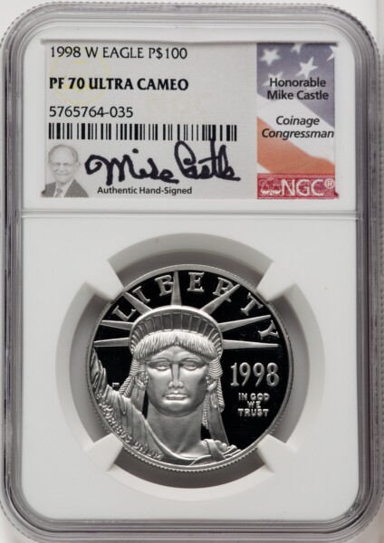 1998-W $100 One-Ounce Platinum Eagle, Statue of Liberty, PR, DC Mike Castle 70 NGC