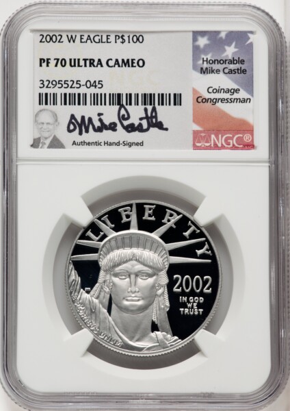 2002-W $100 One-Ounce Platinum Eagle, Statue of Liberty, PR, DC Mike Castle 70 NGC