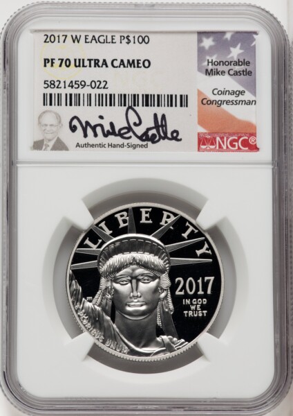 2017-W $100 One-Ounce Platinum Eagle, Statue of Liberty, 20th Anniversary, DC Mike Castle 70 NGC