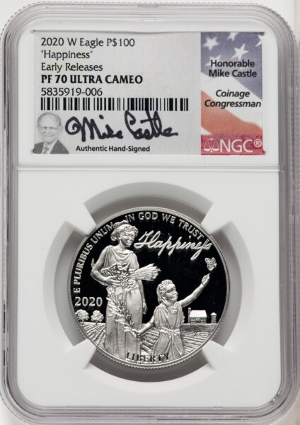 2020-W $100 One Ounce Platinum Eagle, Happiness, First Strike, PRDC ER Mike Castle 70 NGC