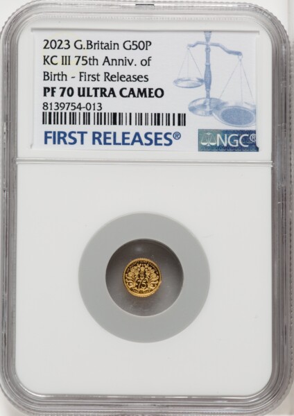 Charles III gold Proof "75th Birthday of King Charles III" 50 Pence (1/40 oz) 2023 PR70  Ultra Cameo NGC, 70 NGC