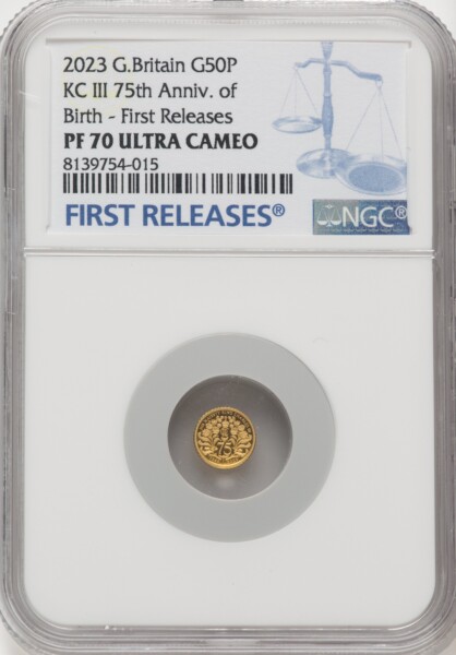 Charles III gold Proof "75th Birthday of King Charles III" 50 Pence (1/40 oz) 2023 PR70  Ultra Cameo NGC, 70 NGC