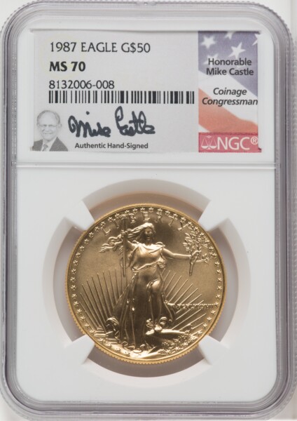1987 $50 One-Ounce Gold Eagle, MS Mike Castle 70 NGC