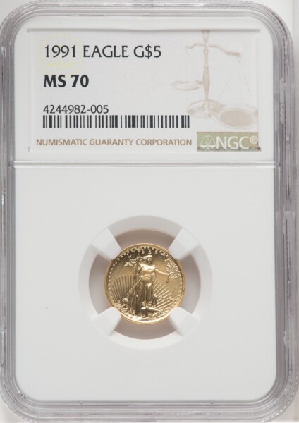 1991 $5 Tenth-Ounce Gold Eagle, MS Brown Label 70 NGC