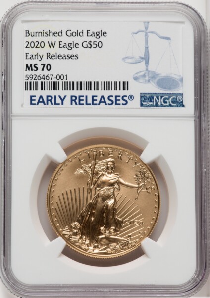 2020-W $50 One Ounce Gold Eagle, Burnished, First Strike, SP ER Blue 70 NGC