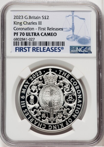Charles III silver Proof "Royal Arms - King Charles III Coronation" 2 Pounds (1 oz) 2023 PR70  Ultra Cameo NGC, 70 NGC