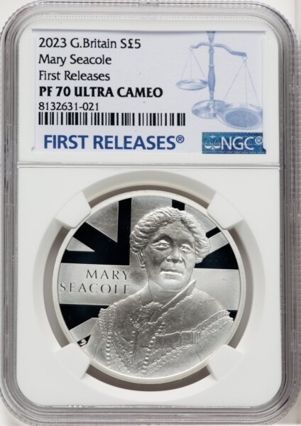 Charles III silver Proof “Mary Seacole” 5 Pounds 2023 PR70  Ultra Cameo NGC, 70 NGC