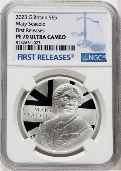 Charles III silver Proof “Mary Seacole” 5 Pounds 2023 PR70  Ultra Cameo NGC, 70 NGC