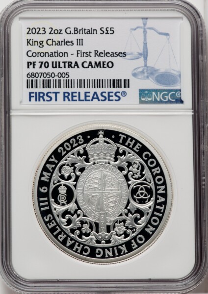 Charles III silver Proof "Royal Arms - King Charles III Coronation" 5 Pounds (2 oz) 2023 PR70  Ultra Cameo NGC, 70 NGC