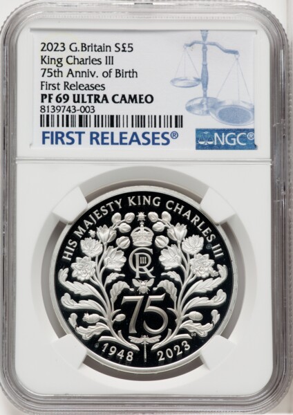 Charles III silver Proof “King Charles III – 75th Anniversary of Birth” 5 Pounds 2023 PR69  Ultra Cameo NGC, 69 NGC