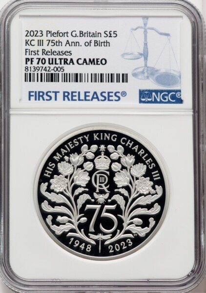 Charles III silver Proof Piefort "King Charles III 75th Anniversary of Birth" 5 Pounds 2023 PR70  Ultra Cameo NGC, 70 NGC