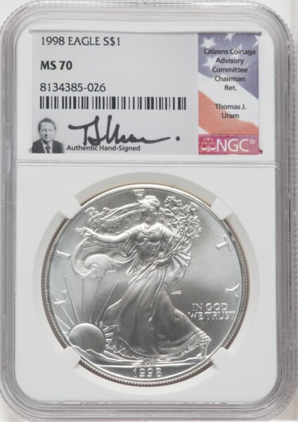 1998 S$1 Silver Eagle, MS Thomas Uram 70 NGC