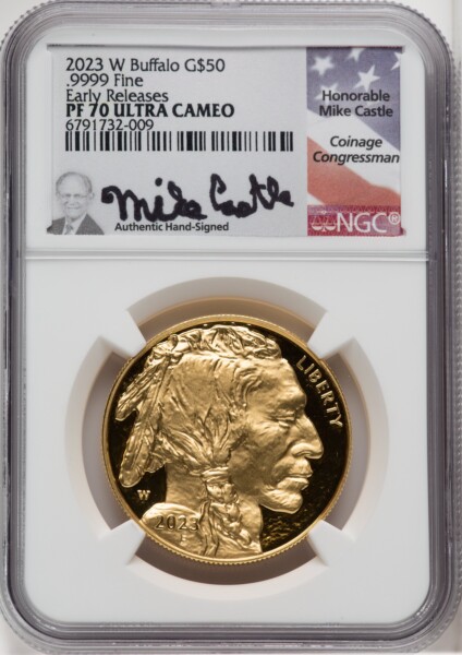 2023-W G$50 Gold Buffalo, First Strike, PR DCAM Mike Castle 70 NGC