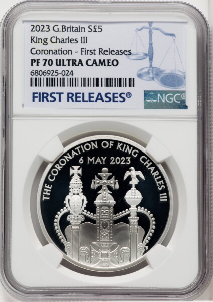 Charles III silver Proof "Coronation Regalia - King Charles III Coronation" 5 Pounds 2023 PR70  Ultra Cameo NGC, 70 NGC