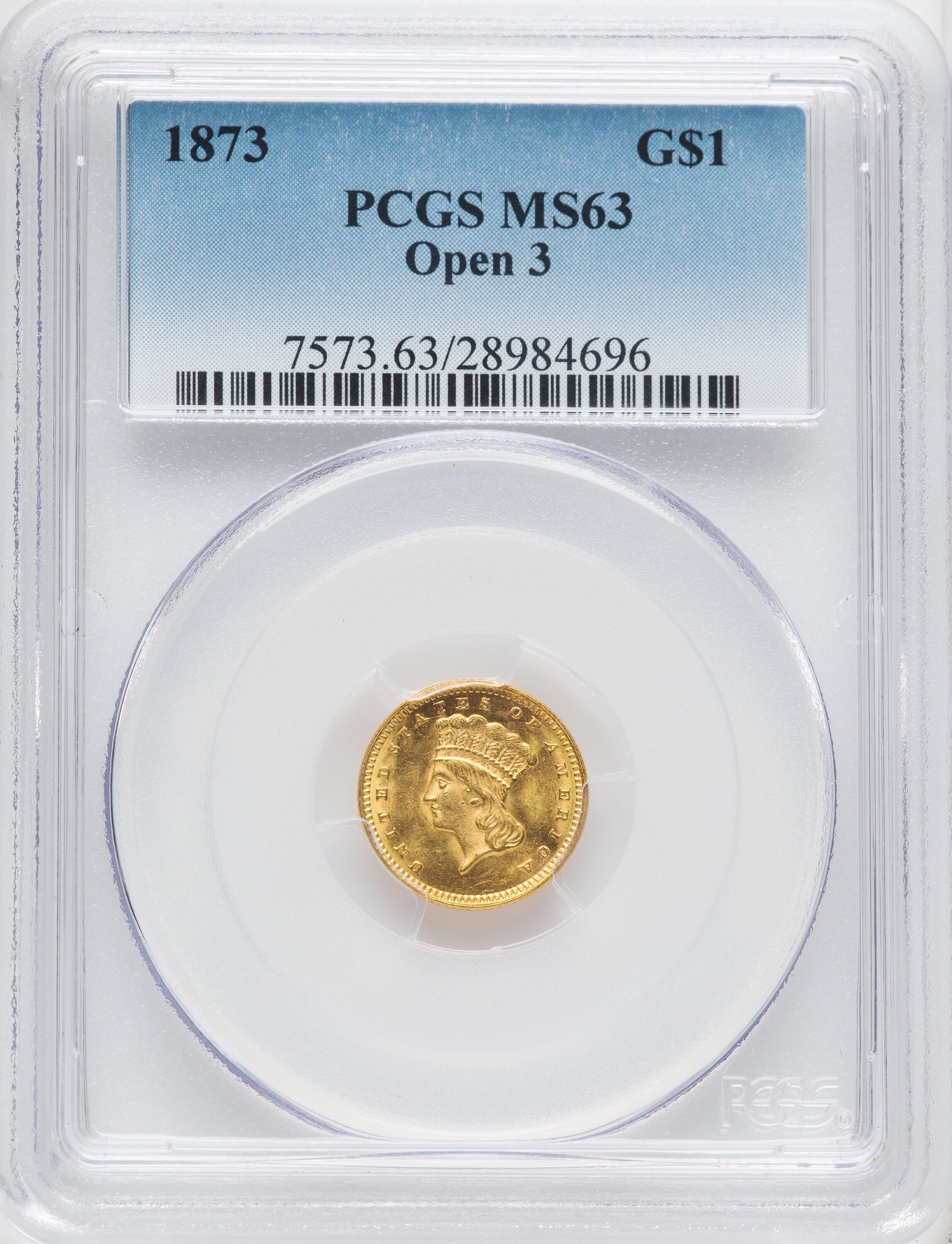 1873 G$1 OPEN 3, MS 63 PCGS
