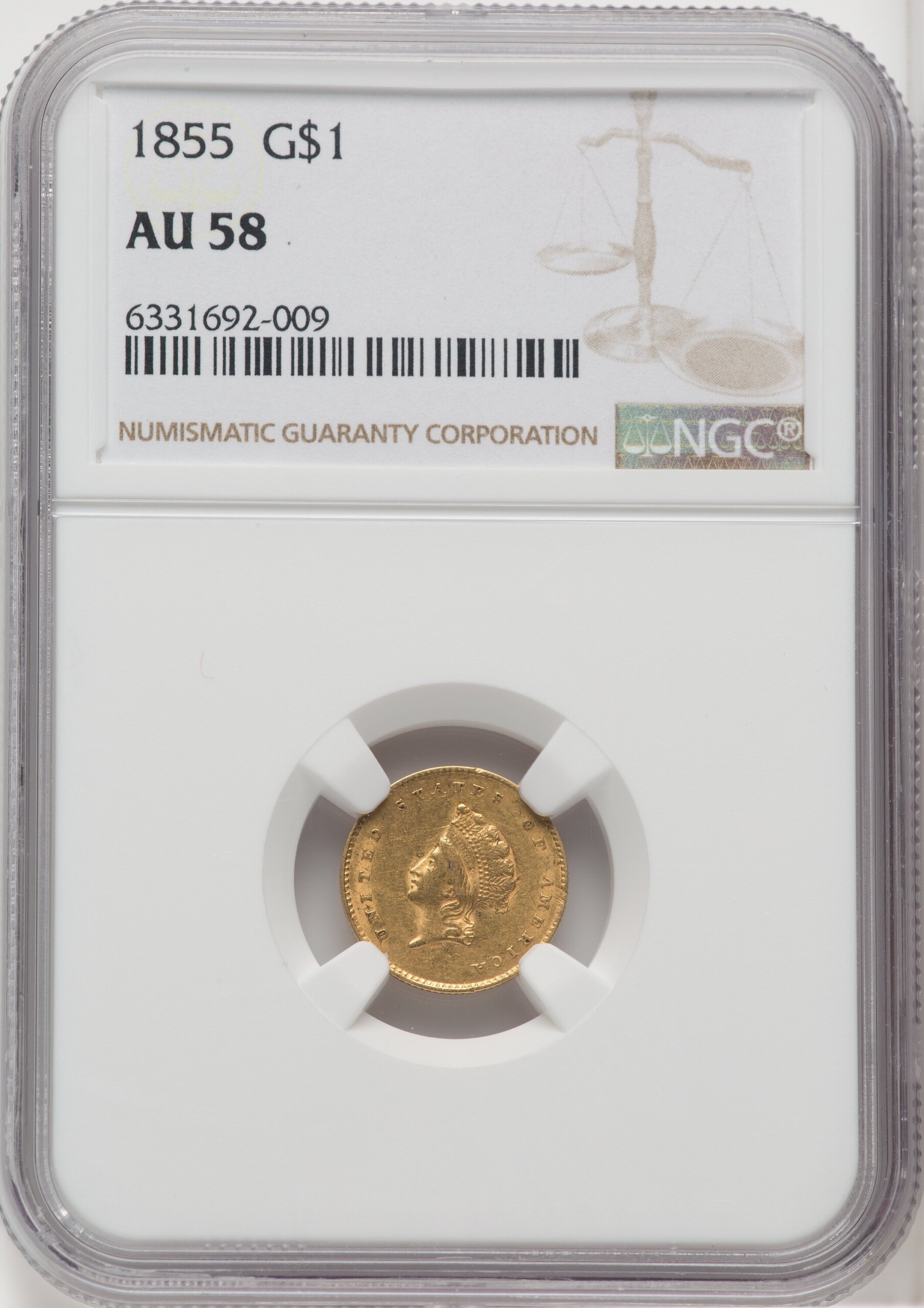 1855 G$1 Type Two, MS 58 NGC
