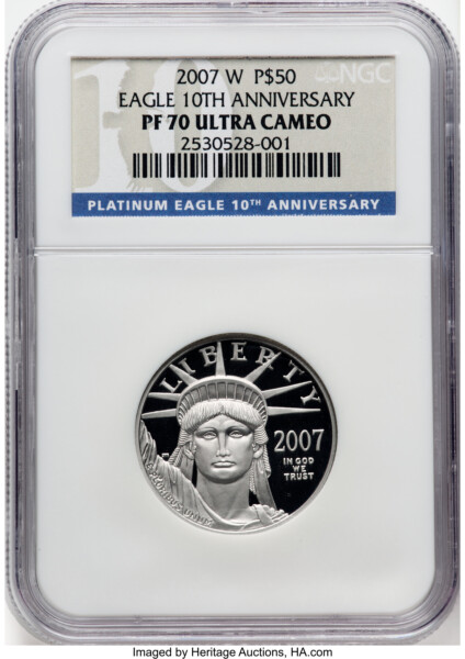 2007-W $50 Half-Ounce Platinum Eagle, 10th Anniversary, PR, DC 70 NGC