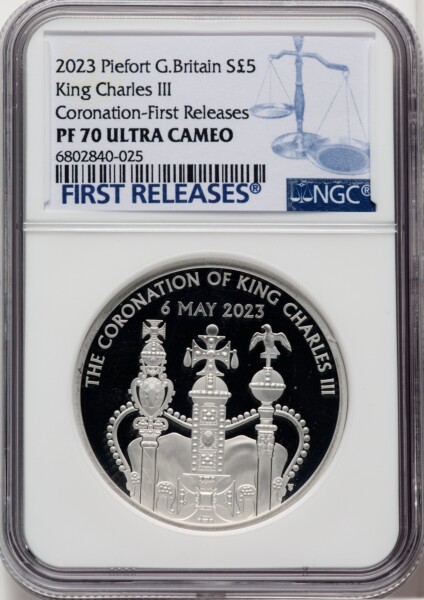 Charles III silver Proof Piefort "Coronation Regalia - King Charles III Coronation" 5 Pounds 2023 PR70  Ultra Cameo NGC, 70 NGC