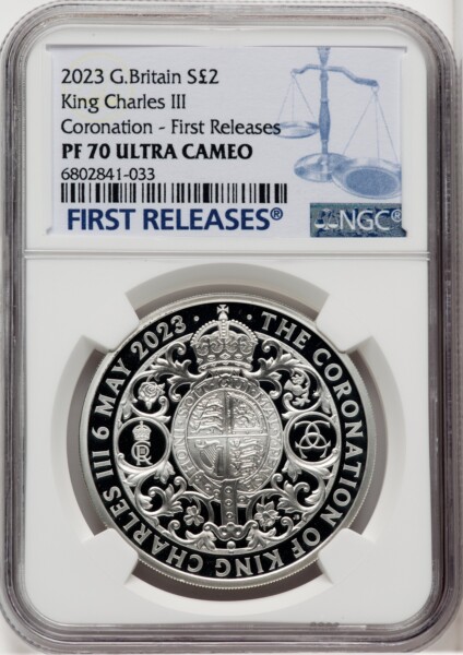 Charles III silver Proof "Royal Arms - King Charles III Coronation" 2 Pounds (1 oz) 2023 PR70  Ultra Cameo NGC, 70 NGC