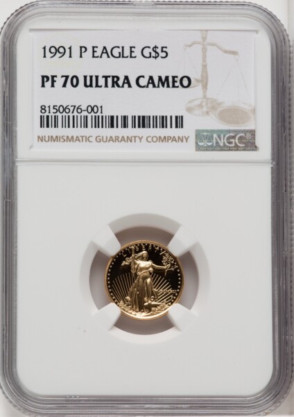 1991-P $5 Tenth-Ounce Gold Eagle, DC Brown Label 70 NGC