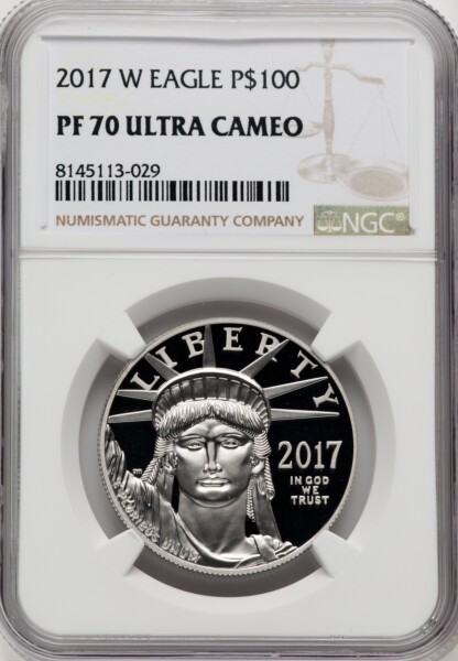 2017-W $100 One-Ounce Platinum Eagle, Statue of Liberty, 20th Anniversary, DC Brown Label 70 NGC