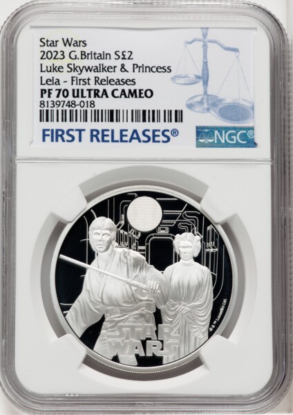 Charles III silver Proof "Luke Skywalker & Princess Leia" 2 Pounds (1 oz) 2023 PR70  Ultra Cameo NGC, 70 NGC