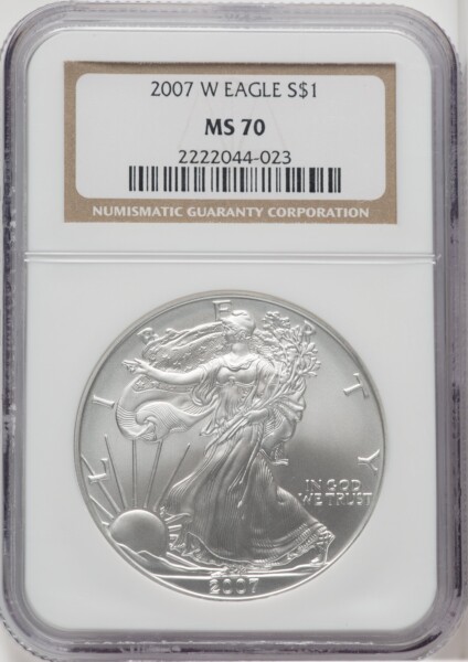 2007-W S$1 Silver Eagle, Burnished, SP Brown Label 70 NGC