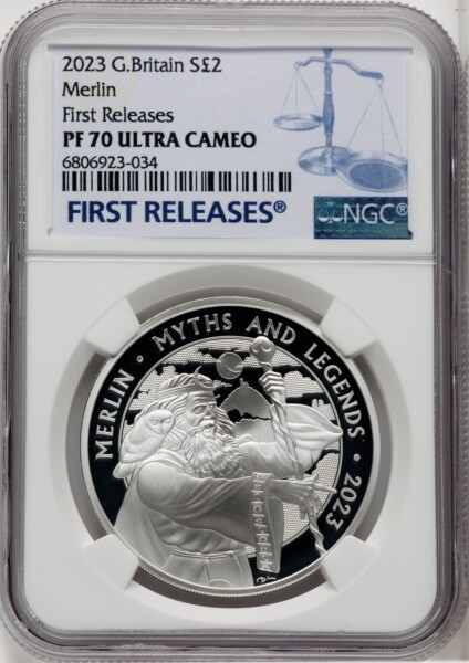 Charles III silver Proof “Merlin” 2 Pounds (1 oz) 2023 PR70  Ultra Cameo NGC, 70 NGC