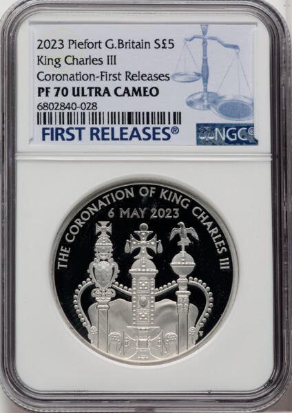 Charles III silver Proof Piefort "Coronation Regalia - King Charles III Coronation" 5 Pounds 2023 PR70  Ultra Cameo NGC, 70 NGC