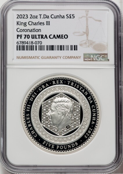 Charles III silver Proof "King Charles III Coronation" 5 Pounds (2 oz) 2023, Commonwealth mint. PR70  Ultra Cameo NGC, 70 NGC
