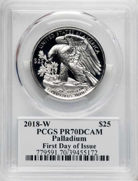2018-W $25 Palladium, First Day of Issue, Cleveland Blue Eagle, DC 70 PCGS