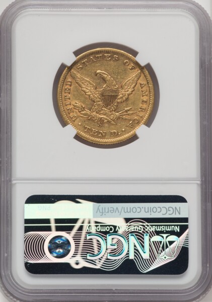 1866-S $10 NO MOTTO 55 NGC