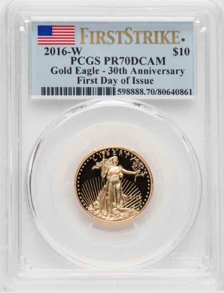 2016-W $10 Quarter-Ounce Gold Eagle FDI, PR, DC FS Flag 70 PCGS