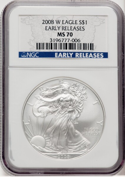 2008-W S$1 Silver Eagle, Burnished, First Strike, SP ER Blue 70 NGC