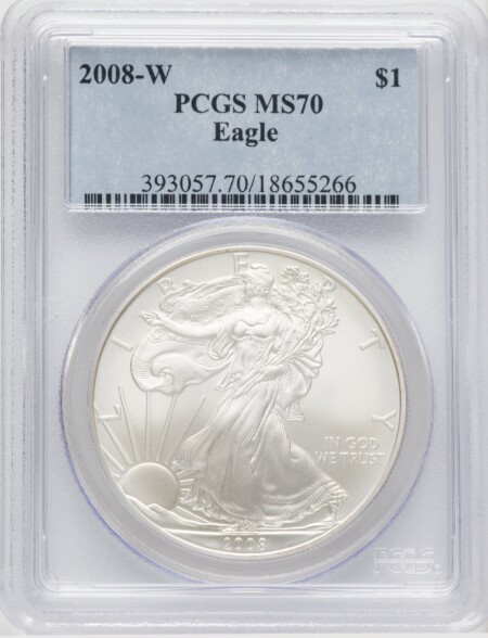 2008-W S$1 Silver Eagle, Burnished, SP Blue Gradient 70 PCGS