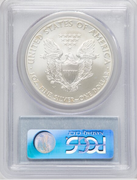 2008-W S$1 Silver Eagle, Burnished, SP Blue Gradient 70 PCGS