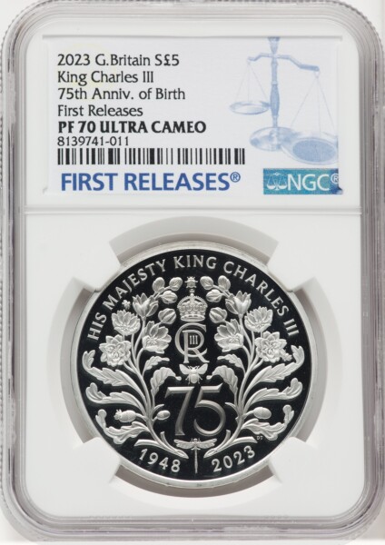 Charles III silver Proof “King Charles III – 75th Anniversary of Birth” 5 Pounds 2023 PR70  Ultra Cameo NGC, 70 NGC