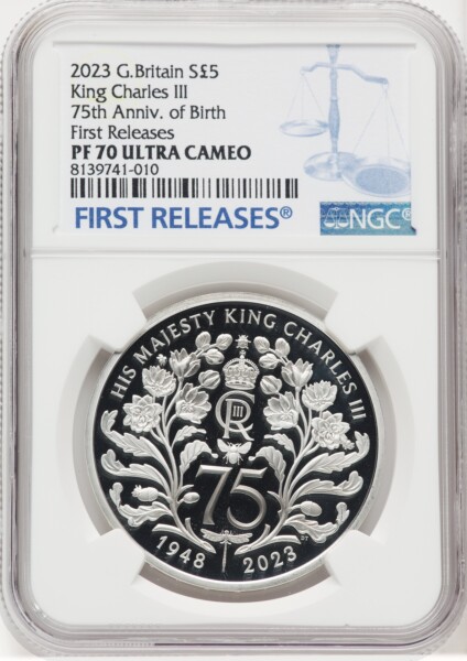 Charles III silver Proof “King Charles III – 75th Anniversary of Birth” 5 Pounds 2023 PR70  Ultra Cameo NGC, 70 NGC