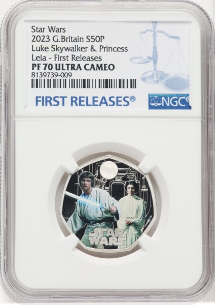 Charles III silver Colorized Proof "Luke Skywalker & Princess Leia" 50 Pence 2023 PR70  Ultra Cameo NGC, 70 NGC