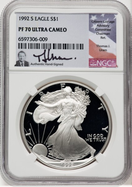 1992-S S$1 Silver Eagle, DC Thomas Uram 70 NGC
