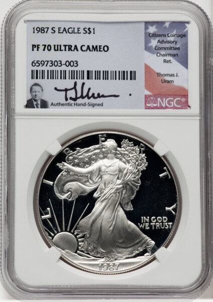 1987-S S$1 Silver Eagle, DC Thomas Uram 70 NGC