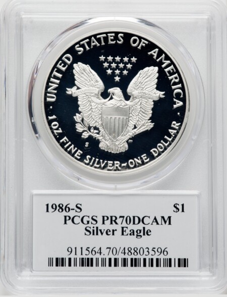 1986-S $1 Silver Eagle, Thomas D. Rogers Sr. Signature, PR, DC 70 PCGS