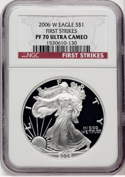 2006-W S$1 Silver Eagle, First Strike, DC 70 NGC
