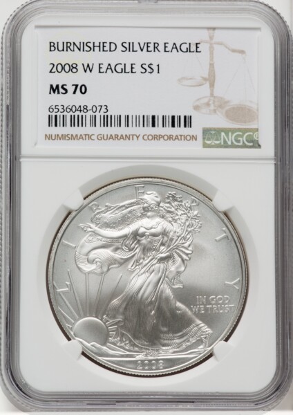 2008-W S$1 Silver Eagle, Burnished, SP Brown Label 70 NGC